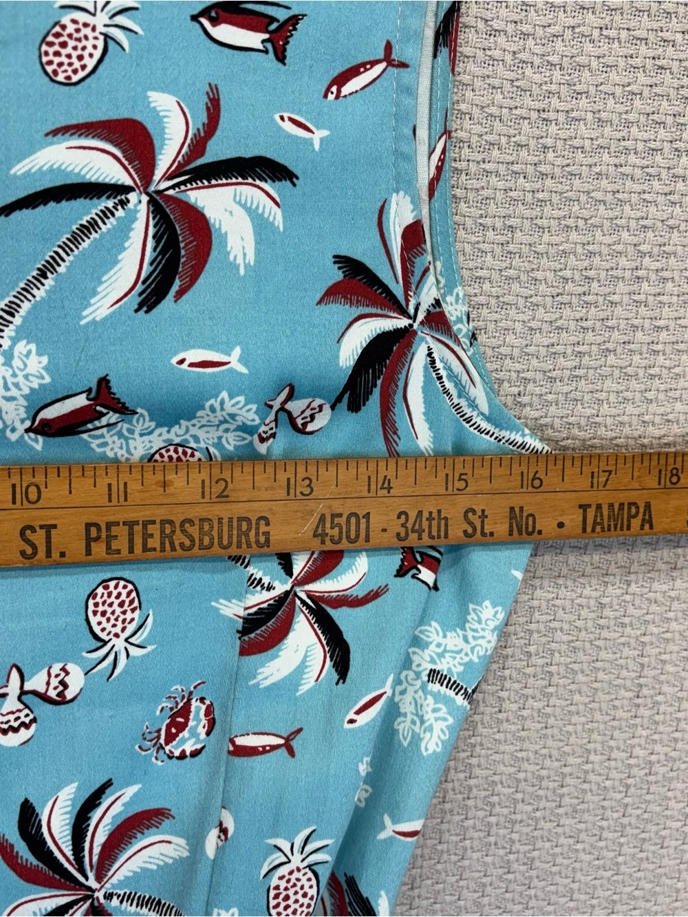 Vtg Bettie Page Hawaiian Fit & Flare Pin Up Blue Dress Sz 10 Retro Vacay Mini - Picture 11 of 13